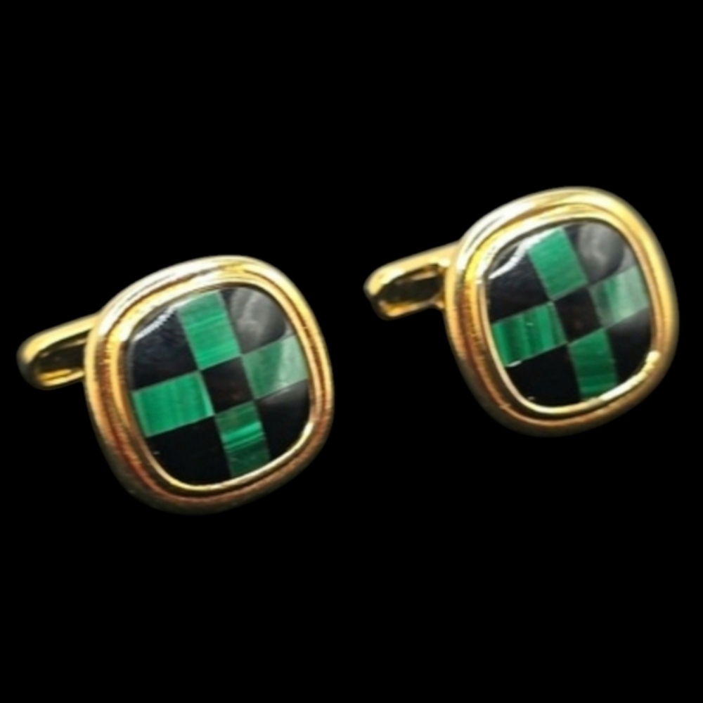 Estate .925 Sterling Gold Dipped Cufflinks Onyx Malachite Vintage